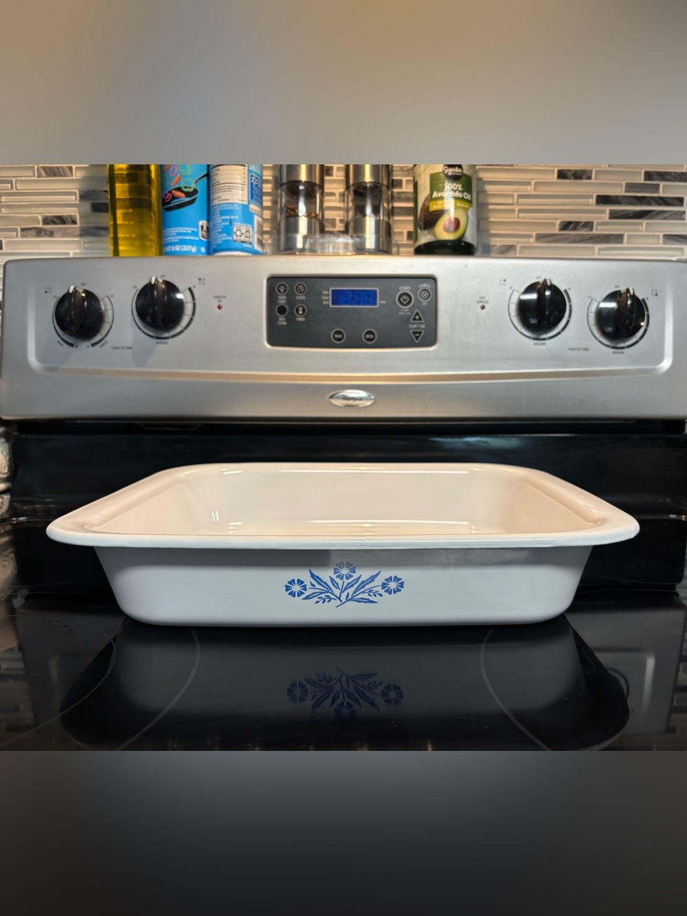 Corningware White Rectangular Baker with Blue Floral Motif